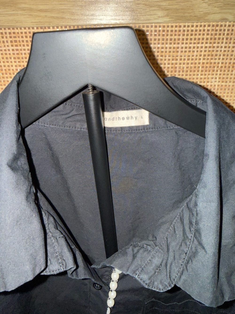 Black Button-Down Shirt with Pearl Trim - Picture 3 of 5
